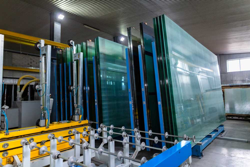 large panels of glass are stored in a warehouse