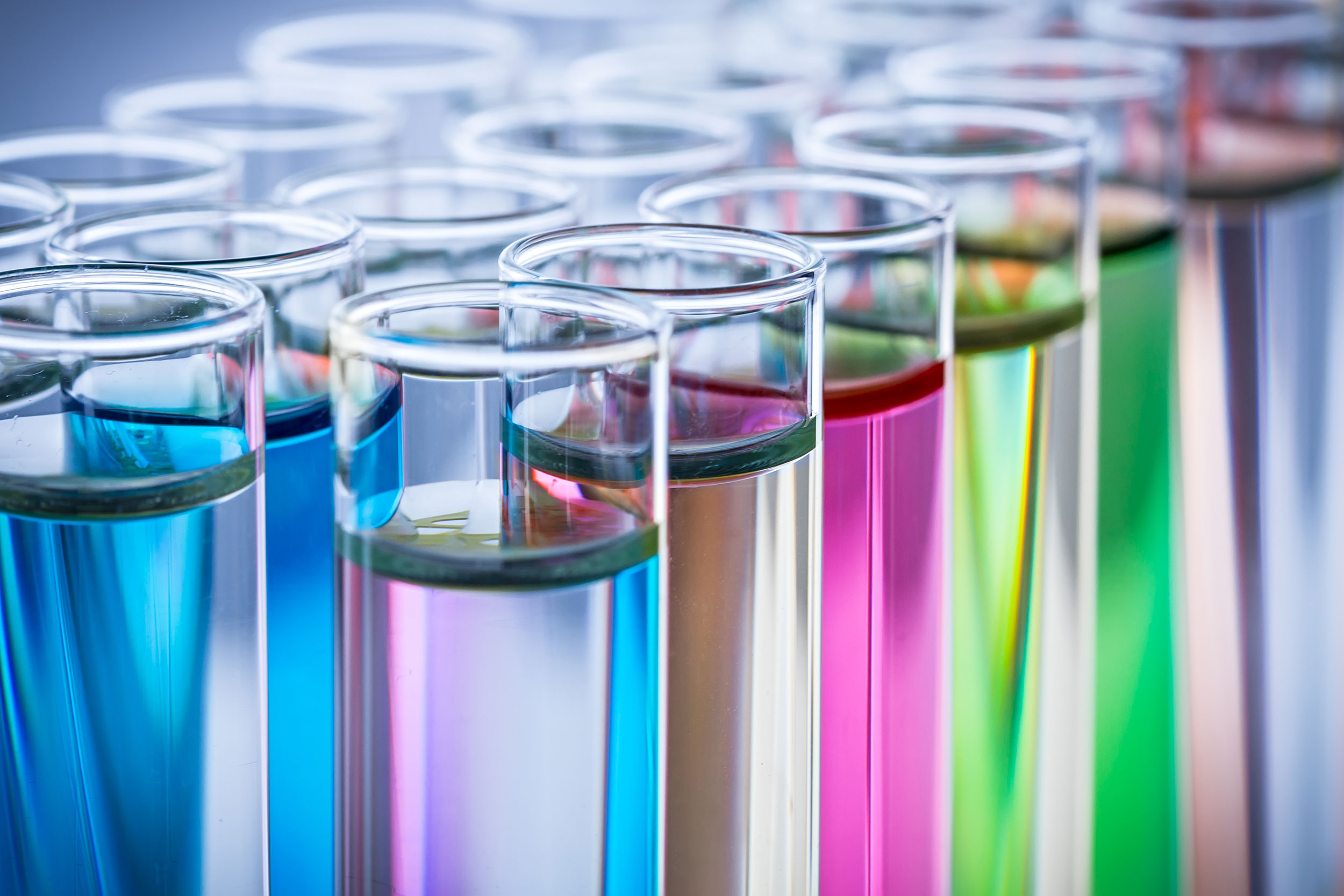 Glass beakers filled with various colored fluids